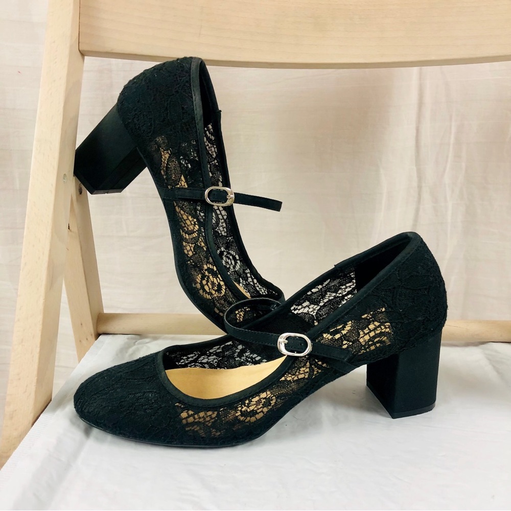 CL by Laundry Black Lace Block Heel Mary Janes Size 9.5 M